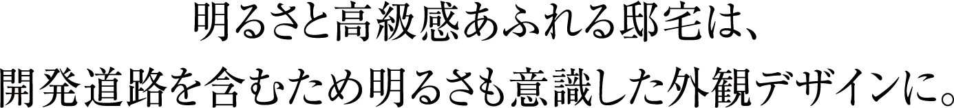 明るさと高級感あふれる邸宅は、開発道路を含むため明るさも意識した外観デザインに。