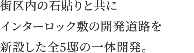 街区内の石貼りと共にインターロック敷の開発道路を新設した全5邸の一体開発。