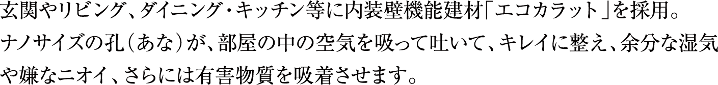玄関やリビング、ダイニング・キッチン等に内装壁機能建材「エコカラット」を採用。ナノサイズの孔（あな）が、部屋の中の空気を吸って吐いて、キレイに整え、余分な湿気や嫌なニオイ、さらには有害物質を吸着させます。