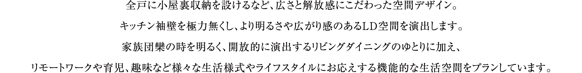 全戸に小屋裏収納を設けるなど、広さと解放感にこだわった空間デザイン。キッチン袖壁を極力無くし、より明るさや広がり感のあるLD空間を演出します。家族団欒の時を明るく、開放的に演出するリビングダイニングのゆとりに加え、リモートワークや育児、趣味など様々な生活様式やライフスタイルにお応えする機能的な生活空間をプランしています。