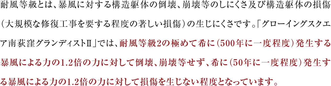 耐風等級とは、暴風に対する構造躯体の倒壊、崩壊等のしにくさ及び構造躯体の損傷（大規模な修復工事を要する程度の著しい損傷）の生じにくさです。「グローイングスクエア南荻窪グランディストⅡ」では、耐風等級2の極めて希に（500年に一度程度）発生する暴風による力の1.2倍の力に対して倒壊、崩壊等せず、希に（50年に一度程度）発生する暴風による力の1.2倍の力に対して損傷を生じない程度となっています。