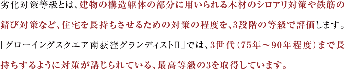 劣化対策等級とは、建物の構造躯体の部分に用いられる木材のシロアリ対策や鉄筋の錆び対策など、住宅を長持ちさせるための対策の程度を、3段階の等級で評価します。「グローイングスクエア南荻窪グランディストⅡ」では、3世代（75年～90年程度）まで長持ちするように対策が講じられている、最高等級の3を取得しています。