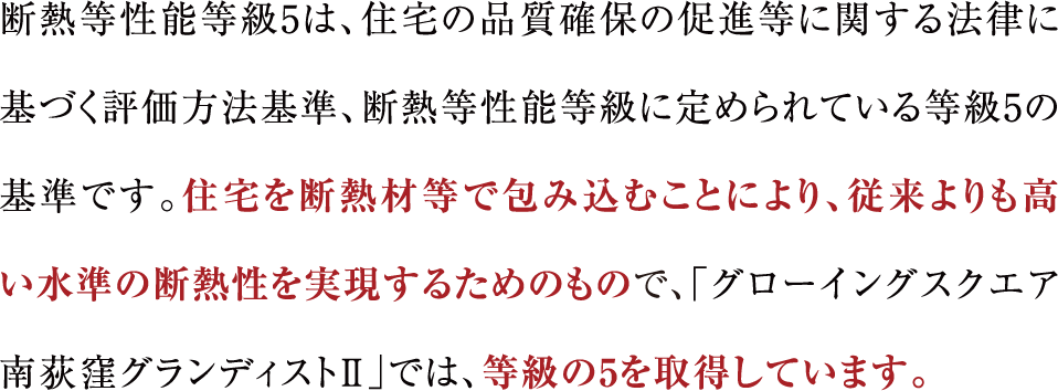 断熱等性能等級5は、住宅の品質確保の促進等に関する法律に基づく評価方法基準、断熱等性能等級に定められている等級5の基準です。住宅を断熱材等で包み込むことにより、従来よりも高い水準の断熱性を実現するためのもので、「グローイングスクエア南荻窪グランディストⅡ」では、等級の5を取得しています。