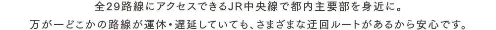 全29路線にアクセスできるJR中央線で都内主要部を身近に。万が一どこかの路線が運休・遅延していても、さまざまな迂回ルートがあるから安心です。