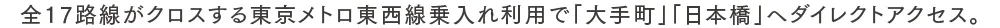 全17路線がクロスする東京メトロ東西線乗入れ利用で「大手町」「日本橋」へダイレクトアクセス。