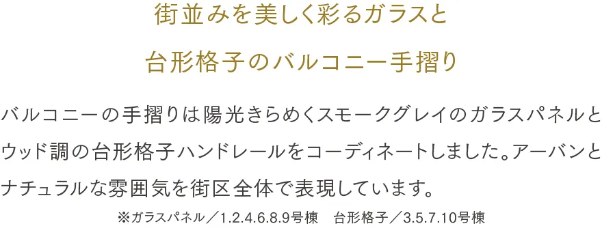 街並みを美しく彩るガラスと台形格子のバルコニー手摺り