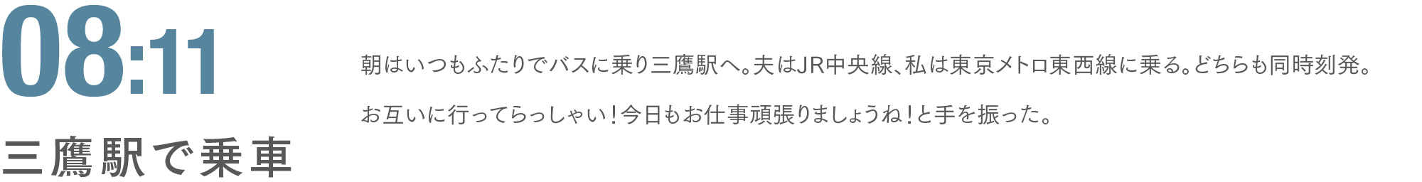 08:11 三鷹駅で乗車 朝はいつもふたりでバスに乗り三鷹駅へ。夫はJR中央線、私は東京メトロ東西線に乗る。どちらも同時刻発。お互いに行ってらっしゃい！今日もお仕事頑張りましょうね！と手を振った。