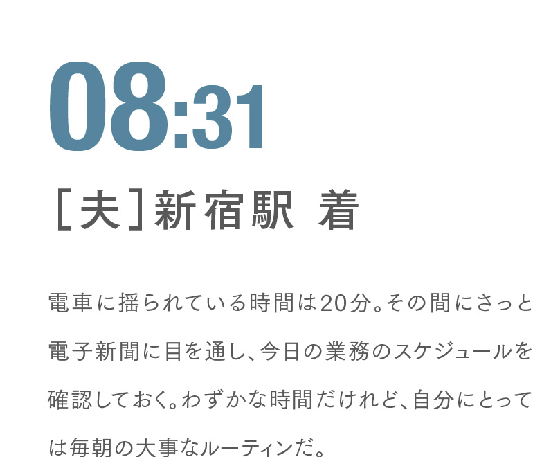 08:31 ［夫］新宿駅 着 電車に揺られている時間は20分。その間にさっと電子新聞に目を通し、今日の業務のスケジュールを確認しておく。わずかな時間だけれど、自分にとっては毎朝の大事なルーティンだ。