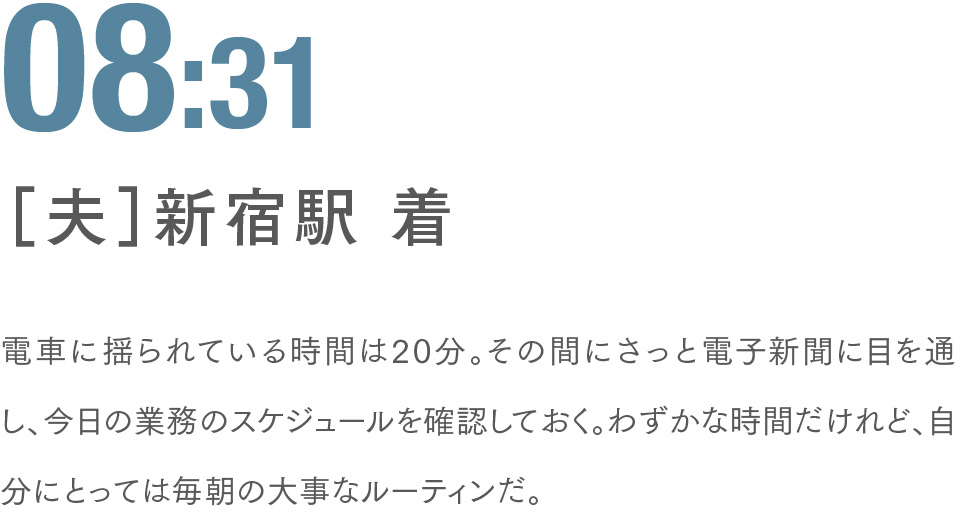 08:31 ［夫］新宿駅 着 電車に揺られている時間は20分。その間にさっと電子新聞に目を通し、今日の業務のスケジュールを確認しておく。わずかな時間だけれど、自分にとっては毎朝の大事なルーティンだ。