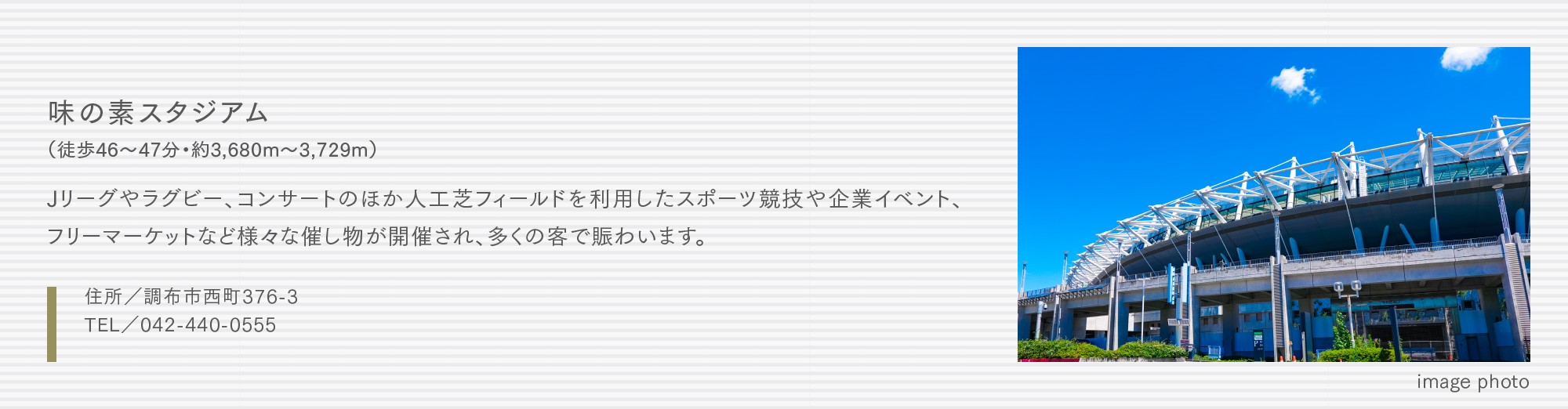 味の素スタジアム（徒歩46〜47分・約3,680m〜3,729m）Jリーグやラグビー、コンサートのほか人工芝フィールドを利用したスポーツ競技や企業イベント、フリーマーケットなど様々な催し物が開催され、多くの客で賑わいます。
