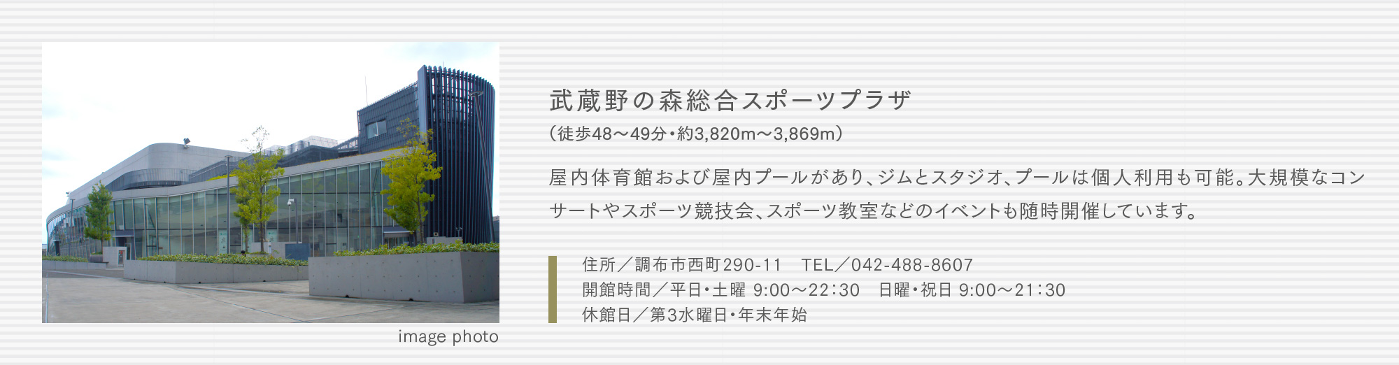 武蔵野の森総合スポーツプラザ（徒歩48〜49分・約3,820m〜3,869m）屋内体育館および屋内プールがあり、ジムとスタジオ、プールは個人利用も可能。大規模なコンサートやスポーツ競技会、スポーツ教室などのイベントも随時開催しています。