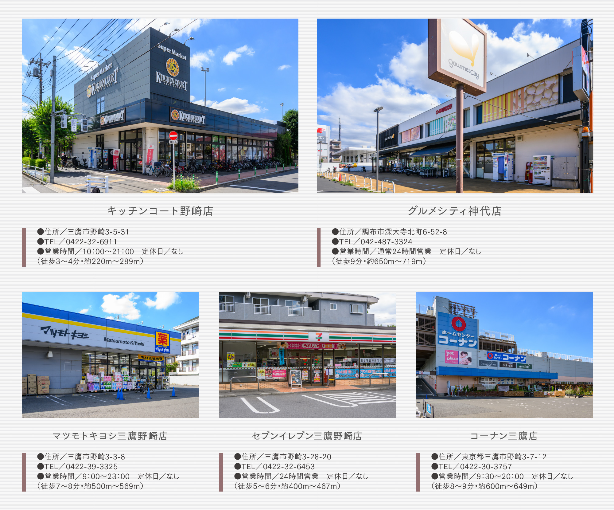 キッチンコート野崎店 グルメシティ神代店 マツモトキヨシ三鷹野崎店 セブンイレブン三鷹野崎店 コーナン三鷹店