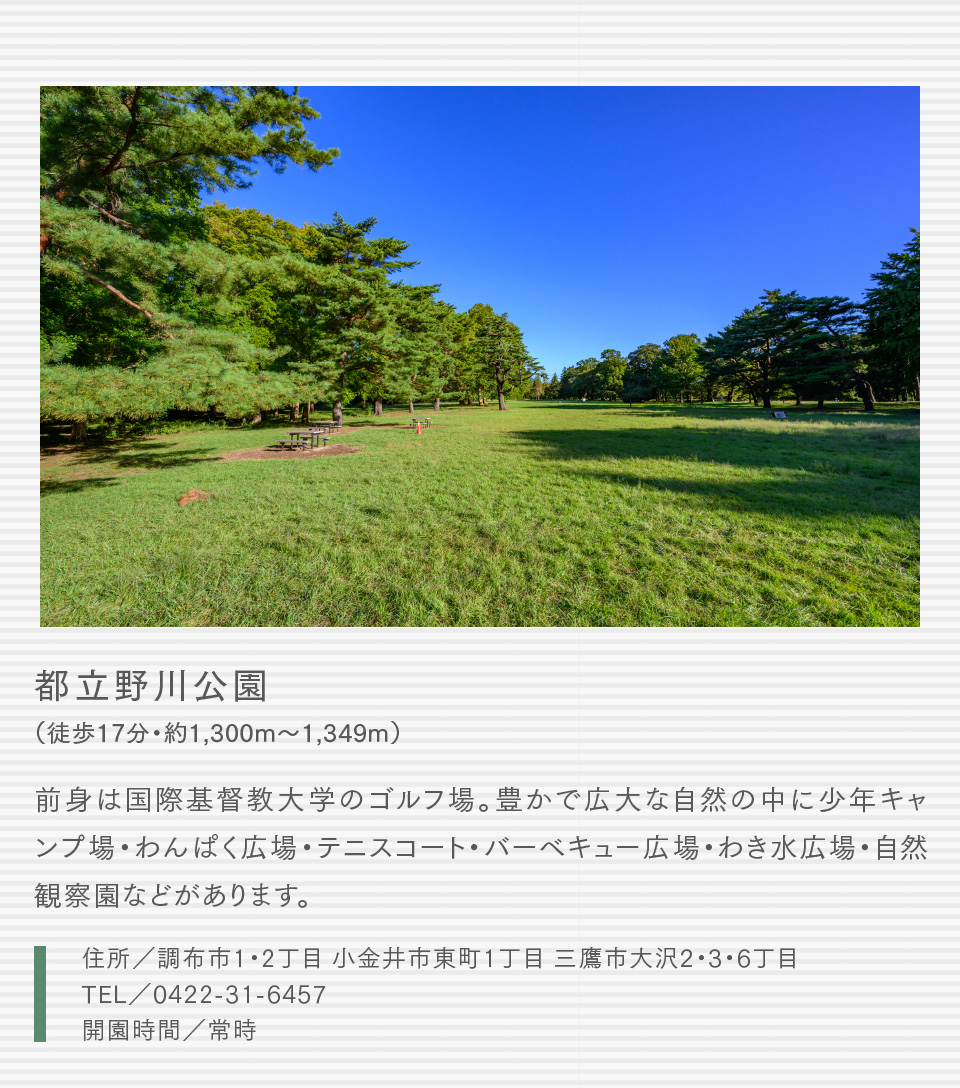 都立野川公園（徒歩17分・約1,300m〜1,349m）前身は国際基督教大学のゴルフ場。豊かで広大な自然の中に少年キャンプ場・わんぱく広場・テニスコート・バーベキュー広場・わき水広場・自然観察園などがあります。