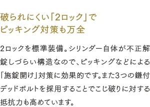 破られにくい「2ロック」でピッキング対策も万全