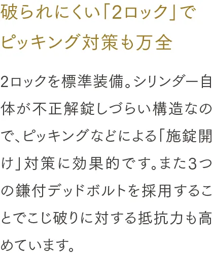 破られにくい「2ロック」でピッキング対策も万全