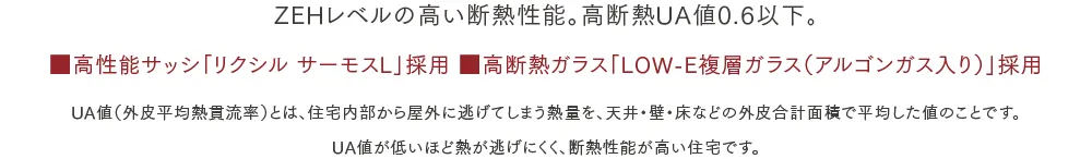 ZEHレベルの高い断熱性能。高断熱UA値0.6以下。