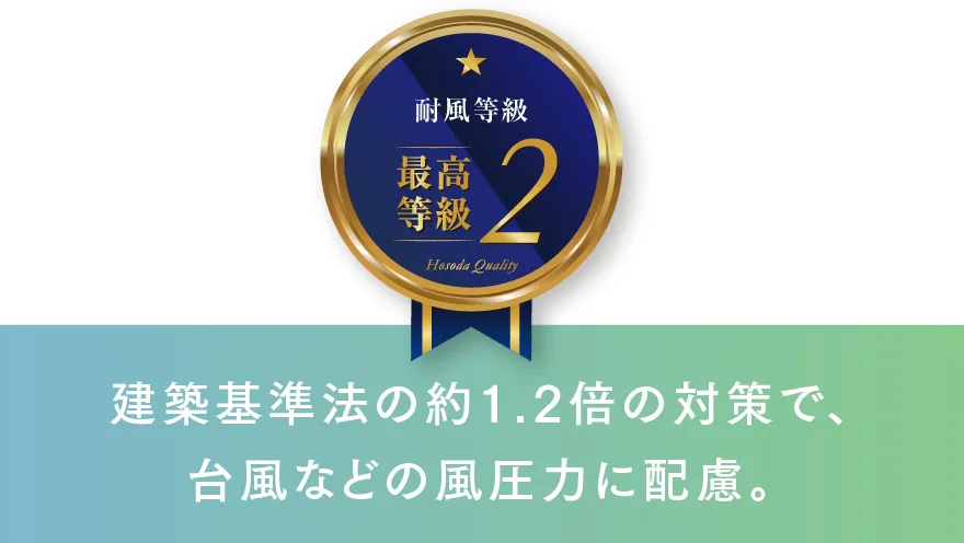 建築基準法の約1.2倍の対策で、台風などの風圧力に配慮。