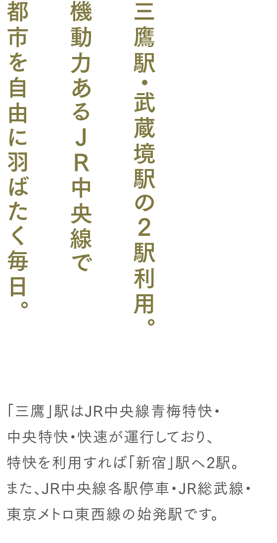 三鷹駅・武蔵境駅の2駅利用。機動力あるJR中央線で都市を自由に羽ばたく毎日。