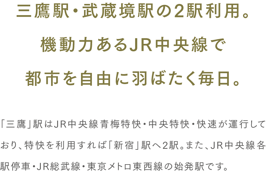 三鷹駅・武蔵境駅の2駅利用。機動力あるJR中央線で都市を自由に羽ばたく毎日。