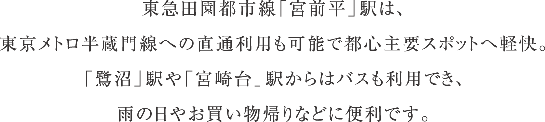 東急田園都市線「宮前平」駅は、東京メトロ半蔵門線への直通利用も可能で都心主要スポットへ軽快。「鷺沼」駅や「宮崎台」駅からはバスも利用でき、雨の日やお買い物帰りなどに便利です。