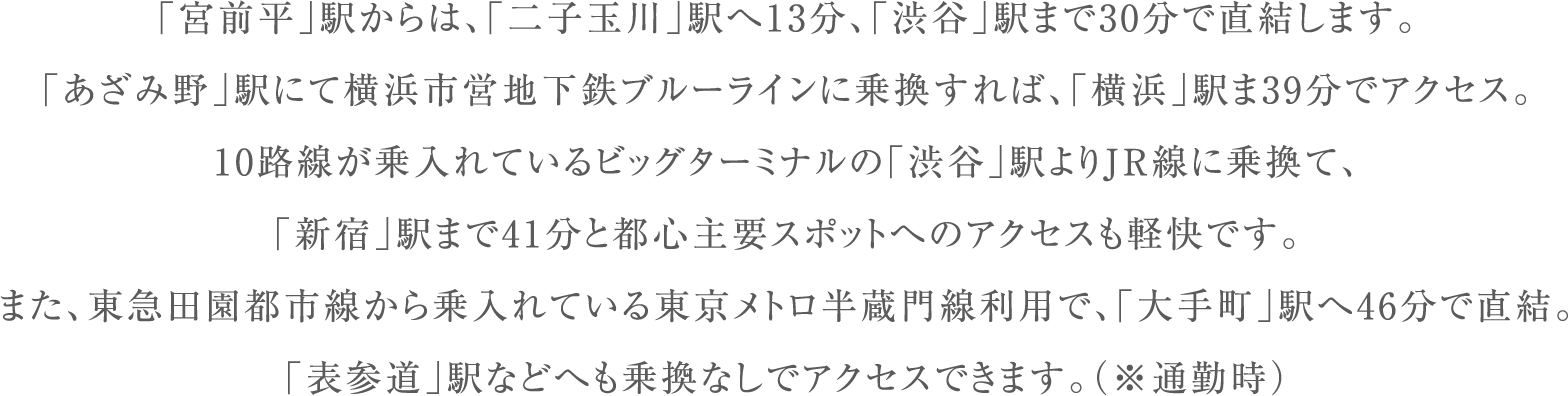 「宮前平」駅からは、「二子玉川」駅へ13分、「渋谷」駅まで30分で直結します。「あざみ野」駅にて横浜市営地下鉄ブルーラインに乗換すれば、「横浜」駅ま39分でアクセス。10路線が乗入れているビッグターミナルの「渋谷」駅よりJR線に乗換て、「新宿」駅まで41分と都心主要スポットへのアクセスも軽快です。また、東急田園都市線から乗入れている東京メトロ半蔵門線利用で、「大手町」駅へ46分で直結。「表参道」駅などへも乗換なしでアクセスできます。（※通勤時）