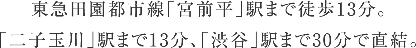 東急田園都市線「宮前平」駅まで徒歩13分。「二子玉川」駅まで13分、「渋谷」駅まで30分で直結。