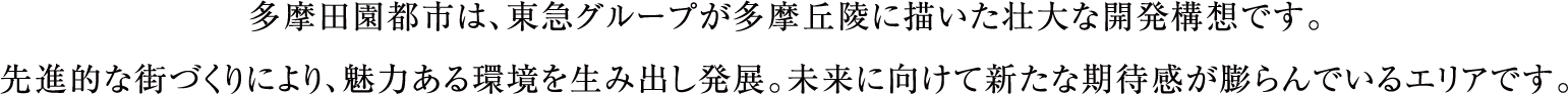 多摩田園都市は、東急グループが多摩丘陵に描いた壮大な開発構想です。先進的な街づくりにより、魅力ある環境を生み出し発展。未来に向けて新たな期待感が膨らんでいるエリアです。