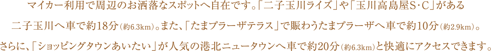 マイカー利用で周辺のお洒落なスポットへ自在です。「二子玉川ライズ」や「玉川高島屋S･C」がある二子玉川へ車で約18分（約6.3ｋｍ）。また、「たまプラーザテラス」で賑わうたまプラーザへ車で約10分（約2.9ｋｍ）。さらに、「ショッピングタウンあいたい」が人気の港北ニュータウンへ車で約20分（約6.3ｋｍ）と快適にアクセスできます。