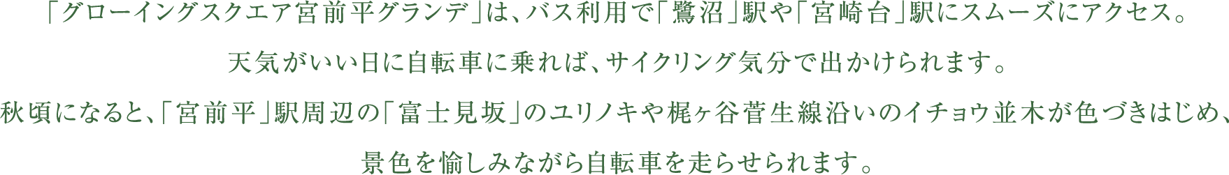 「グローイングスクエア宮前平グランデ」は、バス利用で「鷺沼」駅や「宮崎台」駅にスムーズにアクセス。天気がいい日に自転車に乗れば、サイクリング気分で出かけられます。秋頃になると、「宮前平」駅周辺の「富士見坂」のユリノキや梶ヶ谷菅生線沿いのイチョウ並木が色づきはじめ、景色を愉しみながら自転車を走らせられます。