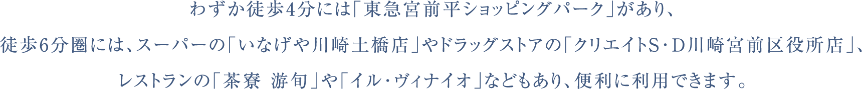 「グローイングスクエア宮前平」から徒歩13分の「宮前平」駅周辺には、大型スーパー・薬局・飲食店・カラオケ・温泉施設など、さまざまな施設が揃っています。また、お隣の「鷺沼」駅前には、大型商業施設「フレル さぎ沼」があり、さまざまな飲食店なども充実。さらに、「宮崎台」駅周辺には、駅前に「東急ストア 宮崎台店」や、商店街などが並んでおり、お子さまも愉しめる「電車とバスの博物館」もあります。