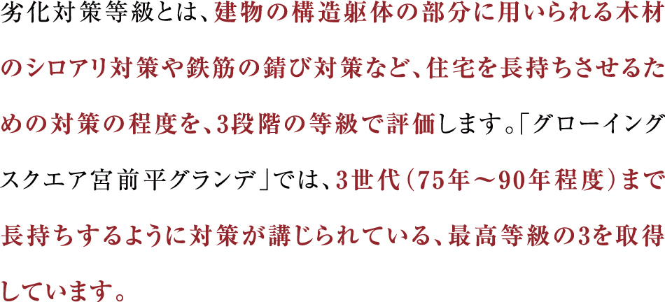 劣化対策等級とは、建物の構造躯体の部分に用いられる木材のシロアリ対策や鉄筋の錆び対策など、住宅を長持ちさせるための対策の程度を、3段階の等級で評価します。「グローイングスクエア宮前平グランデ」では、3世代（75年～90年程度）まで長持ちするように対策が講じられている、最高等級の3を取得しています。