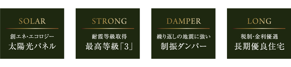 創エネ・エコロジー 太陽光パネル,耐霞等級取得最高等級「3」,繰り返しの地震に強い制振ダンパー,税制・金利優遇 長期優良住宅