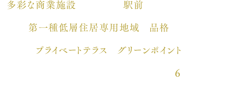 多彩な商業施設が充実する駅前の利便性を身近にする、第一種低層住居専用地域の品格ある住宅街。プライベートテラスやグリーンポイントが彩る、洗練された暮らしのための全6邸。「グローイングスクエア武蔵小金井ミッドアリーナ」、誕生。