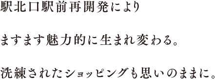 駅北口駅前再開発によりますます魅力的に生まれ変わる。洗練されたショッピングも思いのままに。