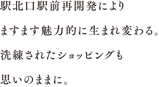駅北口駅前再開発によりますます魅力的に生まれ変わる。洗練されたショッピングも思いのままに。