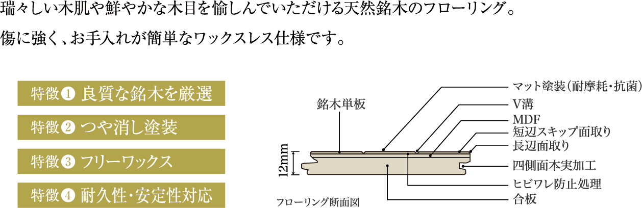 瑞々しい木肌や鮮やかな木目を愉しんでいただける天然銘木のフローリング。傷に強く、お手入れが簡単なワックスレス仕様です。