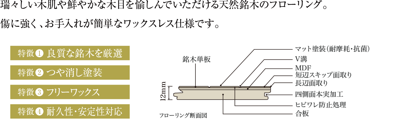 瑞々しい木肌や鮮やかな木目を愉しんでいただける天然銘木のフローリング。傷に強く、お手入れが簡単なワックスレス仕様です。