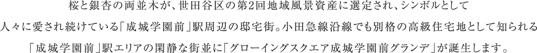 桜と銀杏の両並木が、世田谷区の第2回地域風景資産に選定され、シンボルとして人々に愛され続けている「成城学園前」駅周辺の邸宅街。小田急線沿線でも別格の高級住宅地として知られる「成城学園前」駅エリアの閑静な街並に「グローイングスクエア成城学園前グランデ」が誕生します。