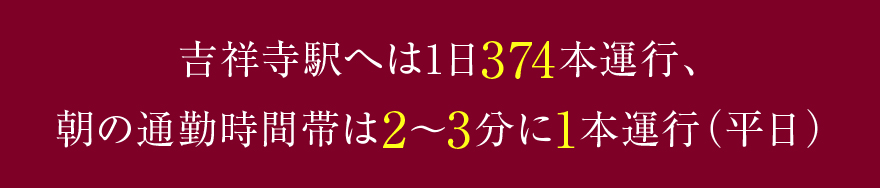 吉祥寺駅へは1日374本運行、朝の通勤時間帯は2〜3分に1本運行（平日）