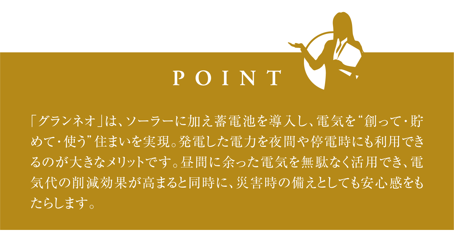 「グランネオ」は、ソーラーに加え蓄電池を導入し、電気を“創って・貯めて・使う”住まいを実現。発電した電力を夜間や停電時にも利用できるのが大きなメリットです。昼間に余った電気を無駄なく活用でき、電気代の削減効果が高まると同時に、災害時の備えとしても安心感をもたらします。
