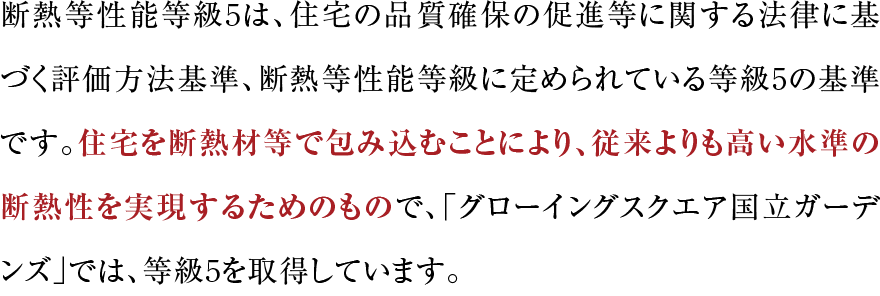 断熱等性能等級5は、住宅の品質確保の促進等に関する法律に基づく評価方法基準、断熱等性能等級に定められている等級5の基準です。住宅を断熱材等で包み込むことにより、従来よりも高い水準の断熱性を実現するためのもので、「グローイングスクエア横浜三ツ境ガーデンズ」では、等級5を取得しています。